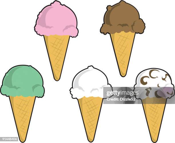 five different flavors of ice cream on waffle cones. - chocolate swirl ice cream stock illustrations