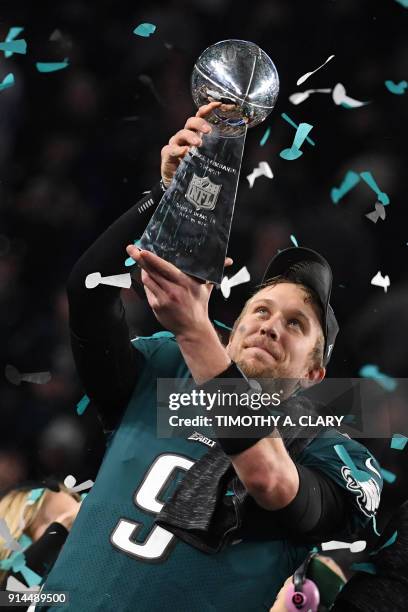 Quarterback Nick Foles of the Philadelphia Eagles celebrates following victory over the New England Patriots in Super Bowl LII at US Bank Stadium in...