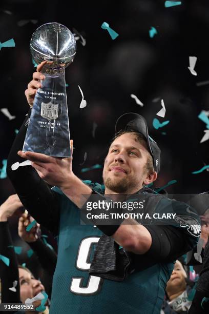 Quarterback Nick Foles of the Philadelphia Eagles celebrates following victory over the New England Patriots in Super Bowl LII at US Bank Stadium in...