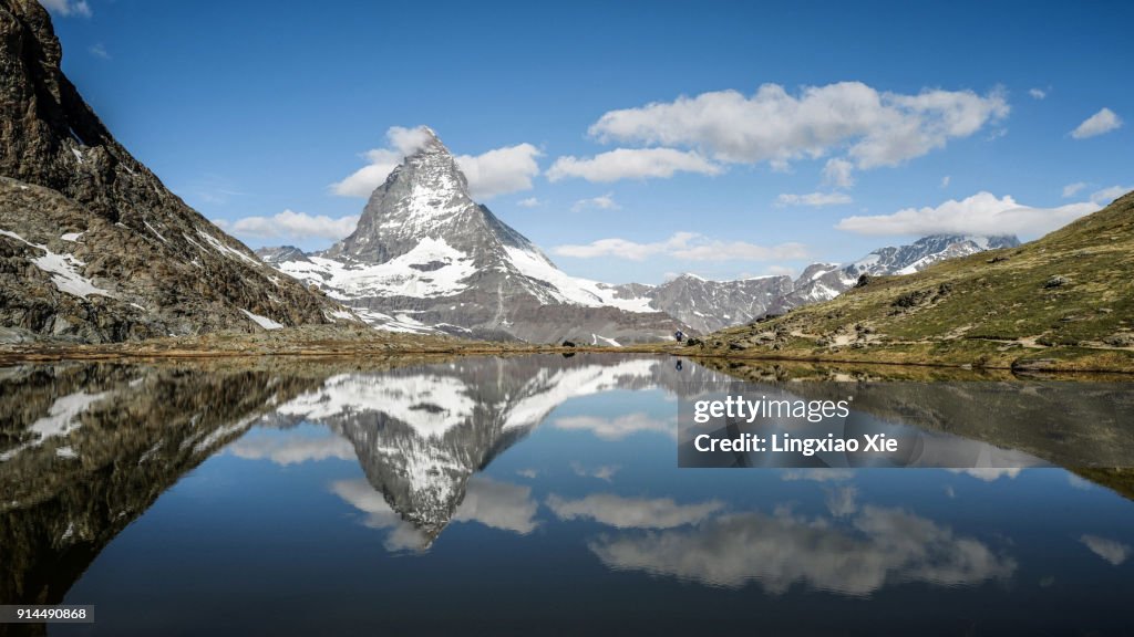 Panoramic view of Matterhorn Reflected on Lake Riffelsee, Switzerland