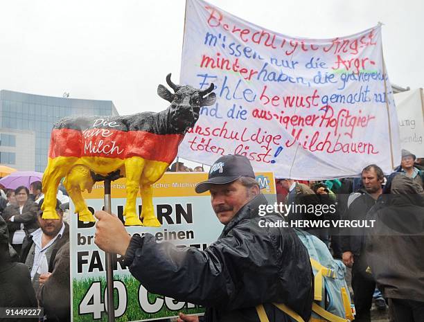 Dairy farmers coming from several European countries, mainly Germany, France and Belgium, protest on October 5, 2009 against falling milk prices in...