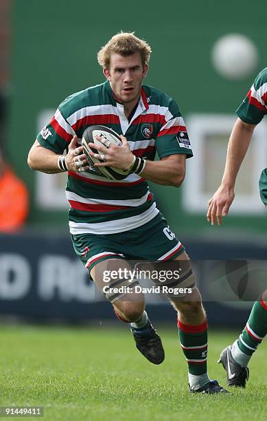 Tom Croft of Leicester charges upfield during the Guinness Premiership match between Leicester Tigers and Worcester Warriors at Welford Road on...