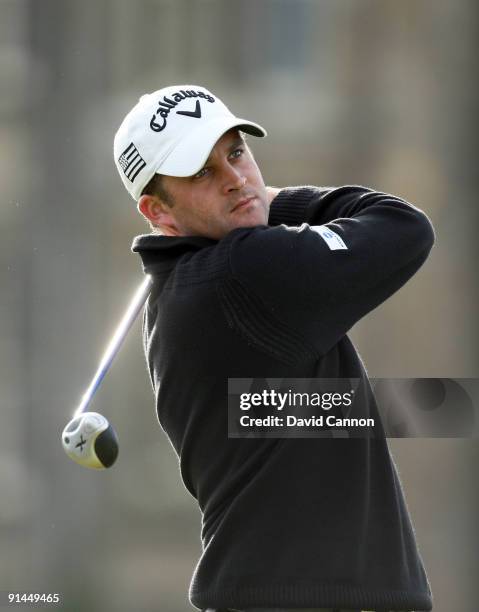 Francois Delamontagne of France drives off the second tee during the final round of The Alfred Dunhill Links Championship at The Old Course on...