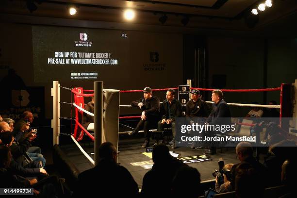 Ben Shalom, Paulie Malignaggi, Anthony Crolla and Ricky Hatton speak to the audience during the Ultimate Boxxer Launch at the ME London Hotel on...
