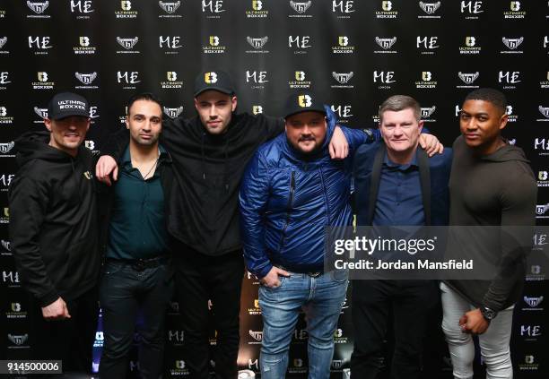 Anthony Crolla, Paulie Malignaggi, Ben Shalom, Charlie Sloth, Ricky Hatton and Rickie Haywood Williams pose for a photo during the Ultimate Boxxer...