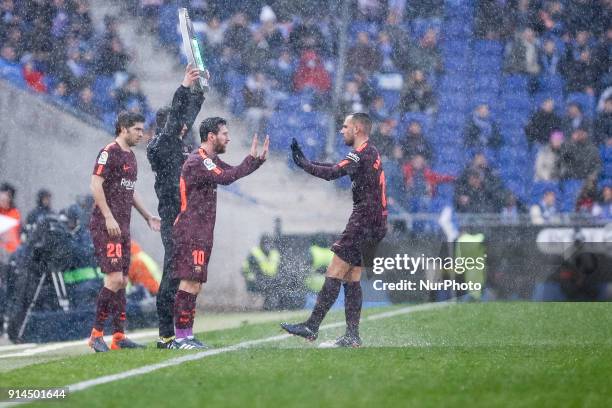 Barcelona forward Paco Alcacer changed by Messi during the match between RCD Espanyol vs FC Barcelona, for the round 22 of the Liga Santander, played...