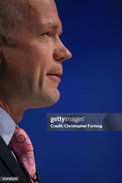 Shadow Foreign Secretary William Hague addresses delegates during the Conservative Party Conference at Manchester Central on October 5, 2009 in...