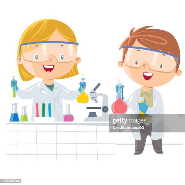 scientist kids - children in a lab stock illustrations