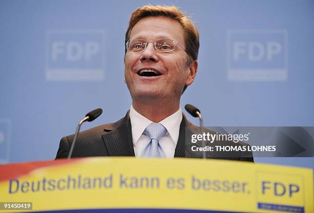 Free Democrats party leader Guido Westerwelle addresses a press conference in Berlin on September 28, 2009. German Chancellor Angela Merkel clinched...