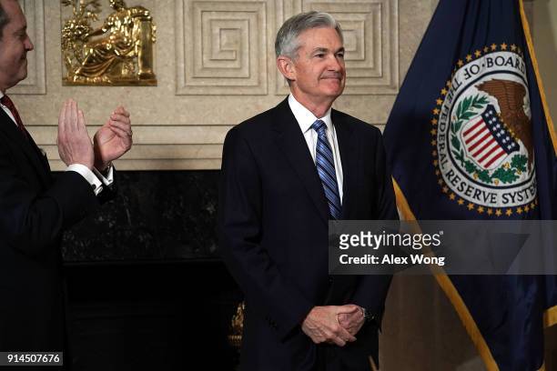 Jerome Powell during a swearing-in ceremony, officiated by Vice Chair for Supervision Randal K. Quarles , February 5, 2018 at the Federal Reserve in...