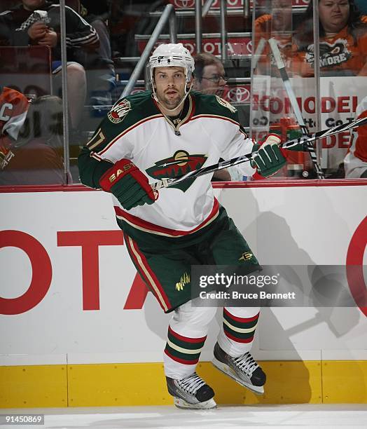 Petr Sykora of the Minnesota Wild skates against the Philadelphia Flyers in preseason action at the Wachovia Center on September 29, 2009 in...