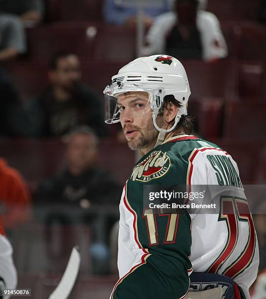 Petr Sykora of the Minnesota Wild skates against the Philadelphia Flyers in preseason action at the Wachovia Center on September 29, 2009 in...