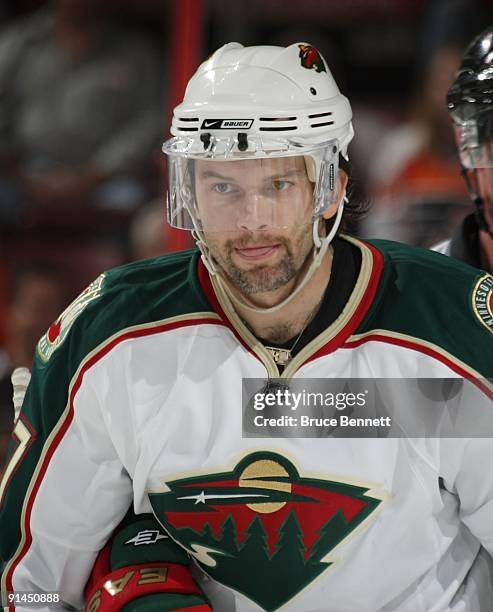 Petr Sykora of the Minnesota Wild skates against the Philadelphia Flyers in preseason action at the Wachovia Center on September 29, 2009 in...