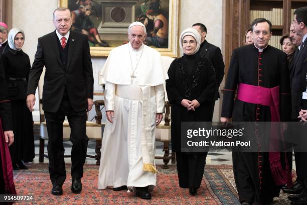 Pope Francis meets President of Turkey Recep Tayyip Erdogan and wife Ermine Erdogan at the Apostolic Palace on February 5, 2018 in Vatican City,...