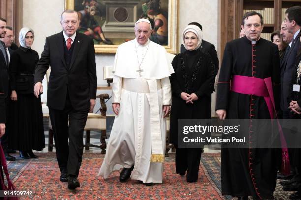 Pope Francis meets President of Turkey Recep Tayyip Erdogan and wife Ermine Erdogan at the Apostolic Palace on February 5, 2018 in Vatican City,...