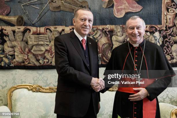 Vatican Secretary of state cardinal Pietro Parolin meets President of Turkey Recep Tayyip Erdogan at the Apostolic Palace on February 5, 2018 in...