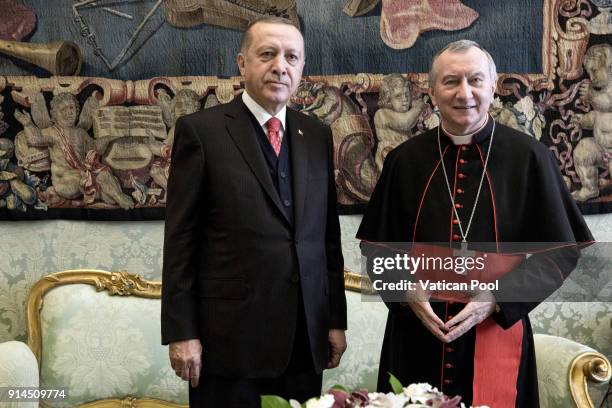 Vatican Secretary of state cardinal Pietro Parolin meets President of Turkey Recep Tayyip Erdogan at the Apostolic Palace on February 5, 2018 in...