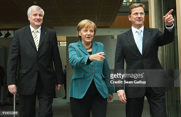 German Chancellor and Chairwoman of the German Christian Democrats Angela Merkel, Chairman of the Bavarian sister party to the CDU, the CSU, Horst...