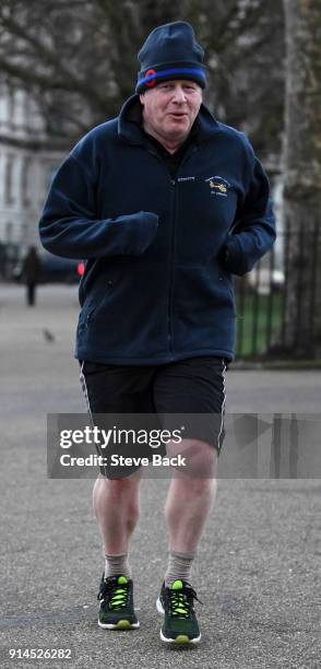 British Foreign Secretary Boris Johnson takes an early morning jog on February 5, 2018 in London, England. Following claims of disunity within the...