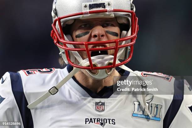 Tom Brady of the New England Patriots takes the field before playing against the Philadelphia Eagles in Super Bowl LII at U.S. Bank Stadium on...