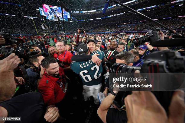 Nick Foles of the Philadelphia Eagles celebrates with Jason Kelce after defeating the New England Patriots 41-33 in Super Bowl LII at U.S. Bank...