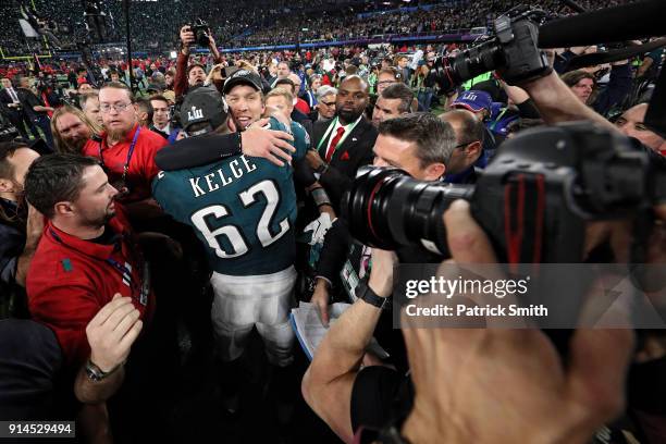 Nick Foles of the Philadelphia Eagles celebrates with Jason Kelce after defeating the New England Patriots 41-33 in Super Bowl LII at U.S. Bank...