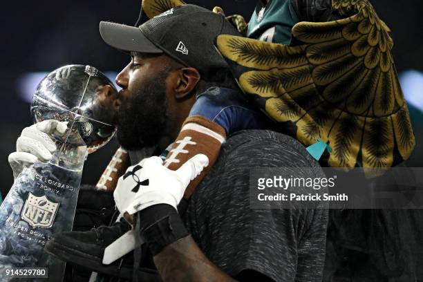 Malcolm Jenkins of the Philadelphia Eagles kisses the Vince Lombardi Trophy after defeating the New England Patriots 41-33 in Super Bowl LII at U.S....