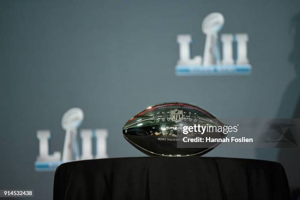 The Pete Rozelle Trophy for the Super Bowl MVP is seen during the Super Bowl LII media availability on February 5, 2018 at Mall of America in...