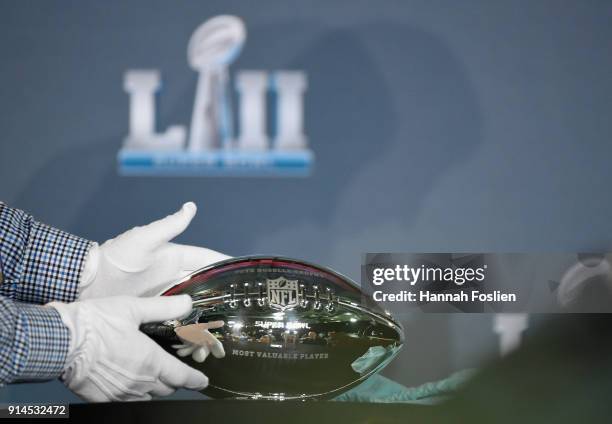 The Pete Rozelle Trophy for the Super Bowl MVP is placed on a table before Super Bowl LII media availability on February 5, 2018 at Mall of America...