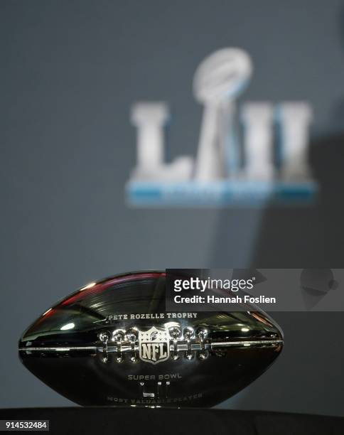 The Pete Rozelle Trophy for the Super Bowl MVP is seen during the Super Bowl LII media availability on February 5, 2018 at Mall of America in...