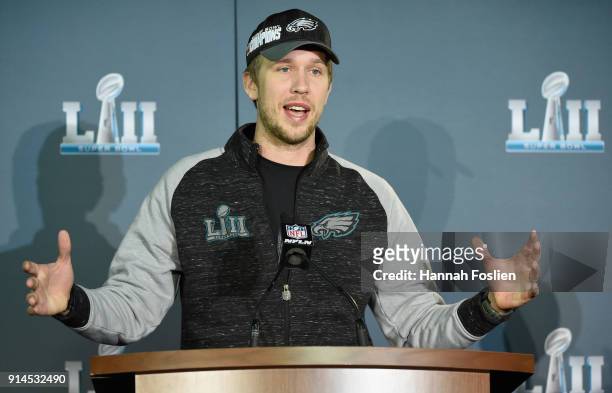 Nick Foles of the Philadelphia Eagles speaks to the media during Super Bowl LII media availability on February 5, 2018 at Mall of America in...