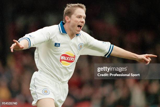 Steve Guppy of Leicester City celebrates after scoring the only goal during the FA Carling Premiership match between Wimbledon and Leicester City at...