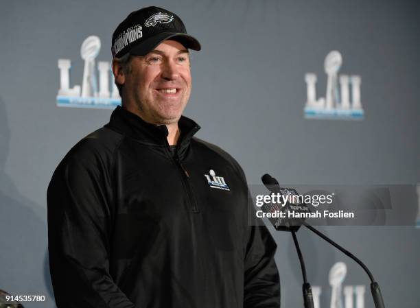 Head coach Doug Pederson of the Philadelphia Eagles speaks to the media during Super Bowl LII media availability on February 5, 2018 at Mall of...