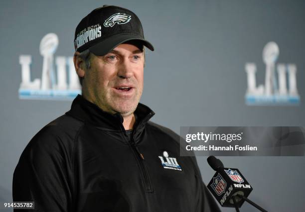 Head coach Doug Pederson of the Philadelphia Eagles speaks to the media during Super Bowl LII media availability on February 5, 2018 at Mall of...