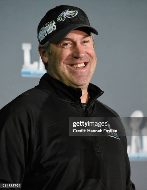 Head coach Doug Pederson of the Philadelphia Eagles speaks to the media during Super Bowl LII media availability on February 5, 2018 at Mall of...