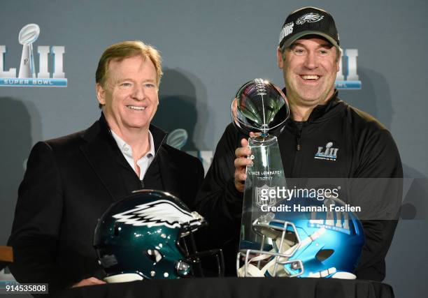 Commissioner Roger Goodell poses for a photo with head coach Doug Pederson of the Philadelphia Eagles and the Vince Lombardi Trophy during Super Bowl...