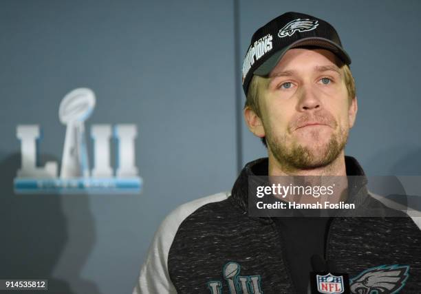 Nick Foles of the Philadelphia Eagles speaks to the media during Super Bowl LII media availability on February 5, 2018 at Mall of America in...