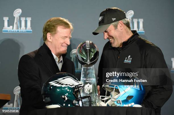 Commissioner Roger Goodell poses for a photo with head coach Doug Pederson of the Philadelphia Eagles and the Vince Lombardi Trophy during Super Bowl...