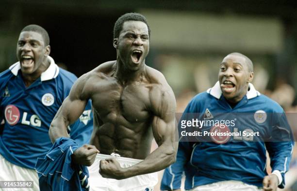Ade Akinbiyi of Leicester City celebrates with Trevor Benjamin and Andy Impey during the FA Barclaycard Premiership match between Leicester City and...
