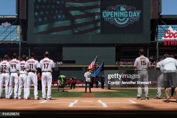 American singer Trent Harmon sings the national anthem prior to the game between the San Francisco Giants and Arizona Diamondbacks at Chase Field on...