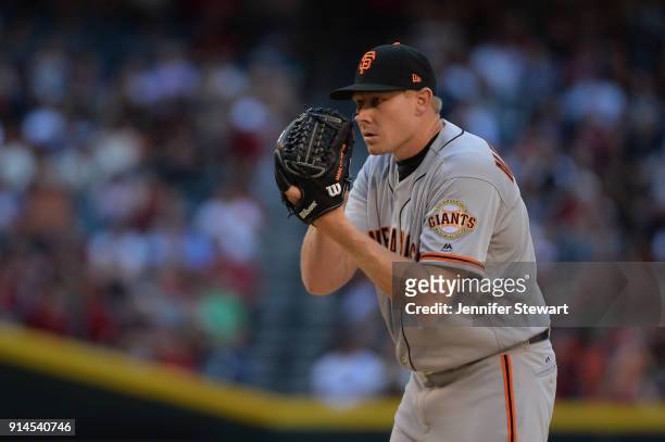Mark Melancon of the San Francisco Giants prepares to pitch in the ninth inning against the Arizona Diamondbacks at Chase Field on Sunday, April 2,...