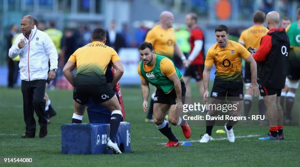 Danny Care and George Ford of England warm up during the NatWest Six Nations match between Italy and England at Stadio Olimpico on February 4, 2018...