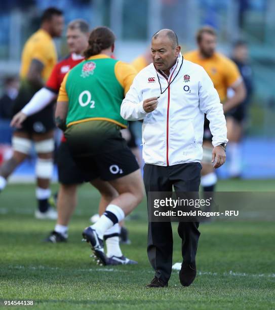 Eddie Jones, the England head coach looks on in the warm up during the NatWest Six Nations match between Italy and England at Stadio Olimpico on...