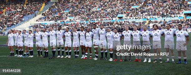 The England team line up for the anthems during the NatWest Six Nations match between Italy and England at Stadio Olimpico on February 4, 2018 in...