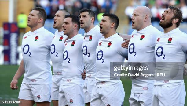 Dylan Hartley, Mike Brown, George Ford, Jonny May, Ben Youngs, Dan Cole and Chris Robshaw of England line up for the anthems during the NatWest Six...