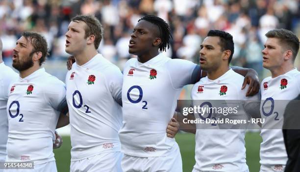 Chris Robshaw, Joe Launchbury, Maro Itoje, Ben Te'o and Owen Farrell of England line up for the anthems during the NatWest Six Nations match between...