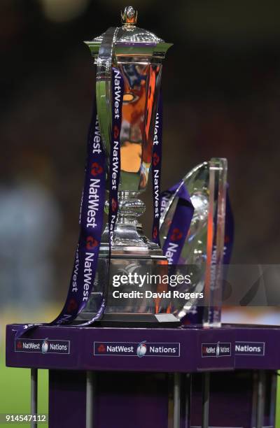 The Six Nations and Triple Crown trophies during the NatWest Six Nations match between Wales and Scotland at the Principality Stadium on February 3,...