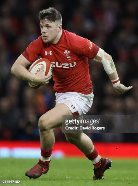 Steff Evans of Wales runs with the ball during the NatWest Six Nations match between Wales and Scotland at the Principality Stadium on February 3,...