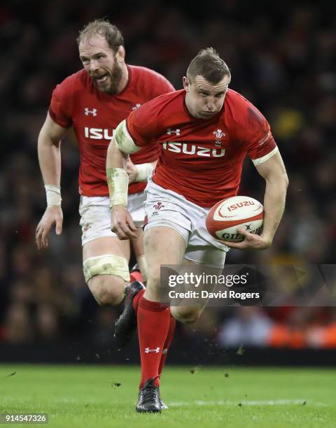 Hadleigh Parkes of Wales breaks with the ball with Alun Wyn Jones in support during the NatWest Six Nations match between Wales and Scotland at the...