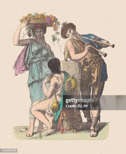 ancient greek fashion: country dweller, hand-colored wood engraving, published c.1880 - fruit bowl stock illustrations